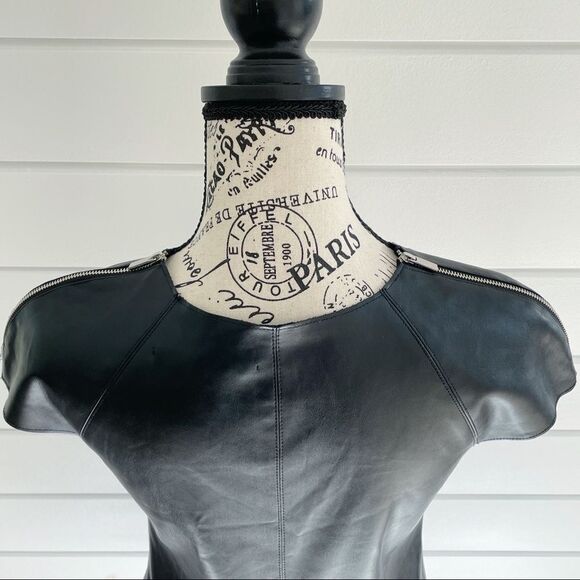 Zara Black Faux Leather Short Zipper Detail Sleeve Shift Dress Size XS - Picture 6 of 9